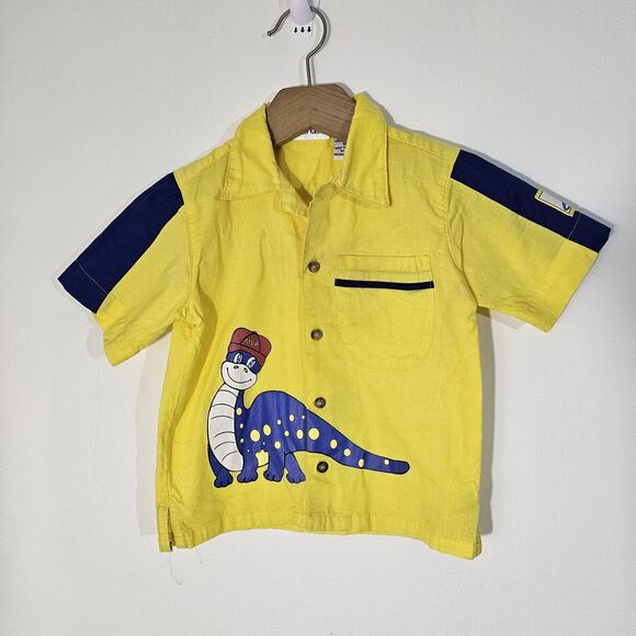 VINTAGE Baby 18M LIGHT YELLOW WITH Dianosour Button Down SHIRT By Gecko Gear - Picture 2 of 8
